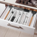 oridom Large Premium Bamboo Silverware Organizer - Expandable Drawer Organizer & Utensil Organizer - 17"x19.7" Cutlery Tray with Dividers for Kitchen Utensils and Flatware (7-9 Slots) (White)