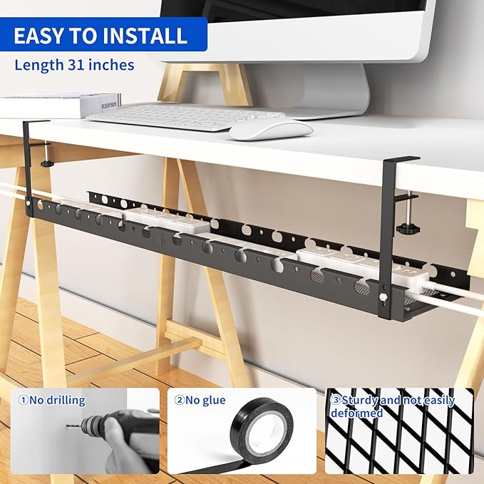 SRJZMLY 31Inch Extendable Under Desk Cable Management Tray Multi-Model Metal Cable Management Tray Under Desk Cord Management with Clamp Power Strip Cord Holder for Wire Cable Management, Black