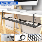 SRJZMLY 31Inch Extendable Under Desk Cable Management Tray Multi-Model Metal Cable Management Tray Under Desk Cord Management with Clamp Power Strip Cord Holder for Wire Cable Management, Black