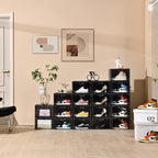 Amllas 8 Pack Shoe Boxes Black Plastic Stackable, Large Shoe Storage Organizer,Drop Side Front Shoe Containers for Entryway,Sneaker Storage Fit up to US Size 13 for Men/Women(13’’x 10.6”x 8.3”)