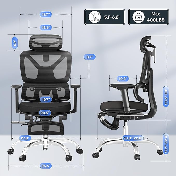 FLEXISPOT ErgoX Premium Ergonomic Office Chair with Footrest- Adjustable 3D Armrests, Dynamic Lumbar Support, Recline & Tilt Function, Mesh Seat, for Home & Office Use,Foam Black