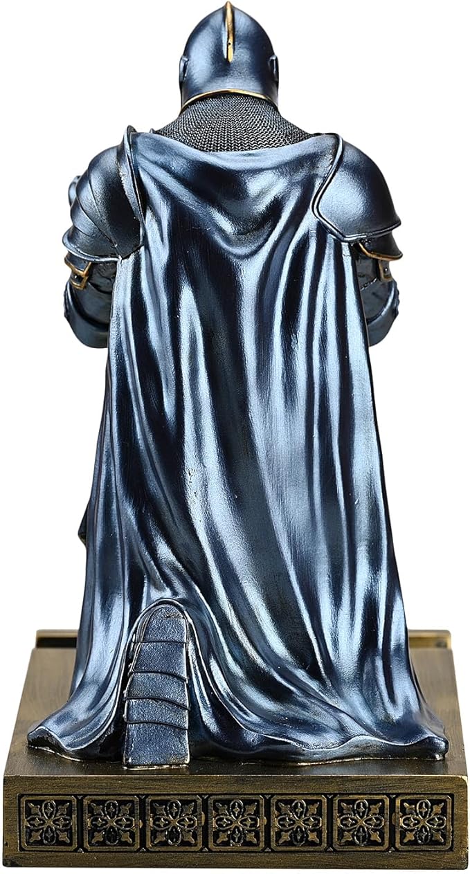 Amoysanli Medieval Armored Warrior Wearing Outerwear, Mobile Phone Stand Knight Pen Holder Desk Organizers, Resin Bookends Paperweight with a Letter Opener for Desk (Blue)