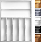 oridom Kitchen Bamboo Silverware Organizer, Kitchen Drawer Organizer - Utensil Holder and Cutlery Tray with Grooved Drawer Dividers for Flatware 7 Slot, White