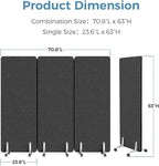 MORDEER 70.8" W x 63" H Freestanding Partition Room Dividers, Acoustic Panels with Wheels, 3 Soundproof Privacy Panels for Office, Reception Room, School, Hospital, Dark Grey