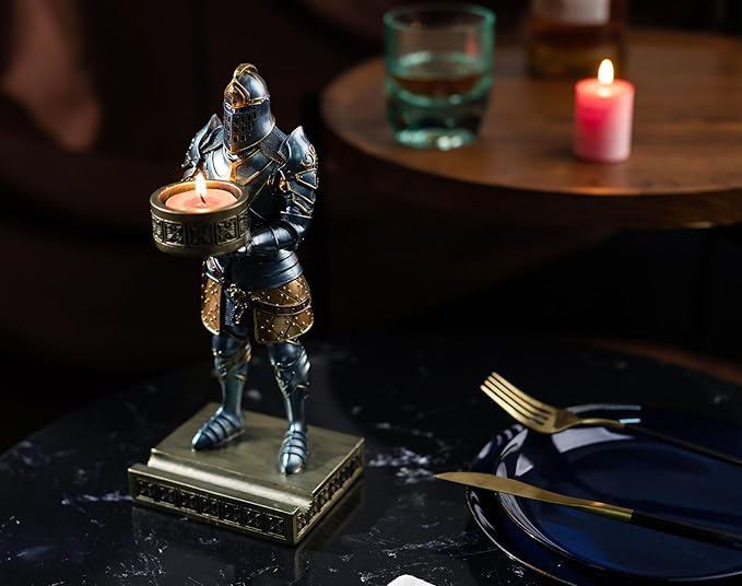 King's Guard Standup Knight Candlestick Holders Resin TeaLight Holder Warrior Mobile Phone Stand Pen Holder Candle Holder for Restaurant, Altar, Home Table(Blue)