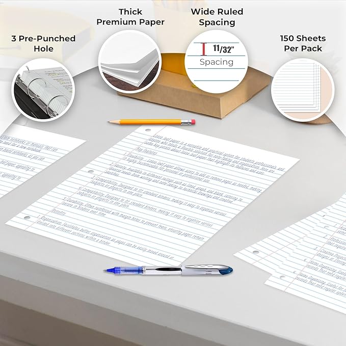 1152 Pack (Pallet) Loose Leaf Paper Bulk, 172800 Sheets, Wide Ruled, 150 Sheets/Pack, 8 x 10.5", Pallet of Filler Paper, 3 Hole Punched, 56 Gsm Thick Paper, School & Office, 4-7 Days Transit