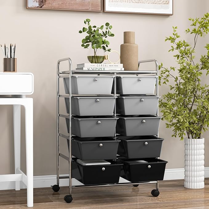 GOFLAME 10-Drawer Rolling Storage Cart, Art Craft Storage Organizer on Wheels, Multipurpose Movable Utility Cart for School, Office and Home, Black Gradient