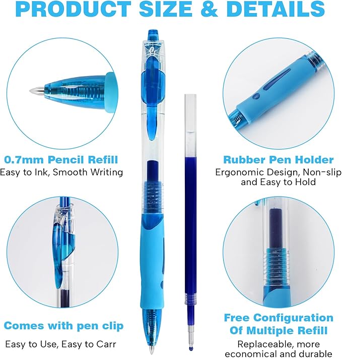 Innertone Blue Gel Pens，12 Pcs Retractable Fine Point 0.7mm With 4 Refills,Blue Pen，Featuring Smooth Writing And Quick-Drying Ink, Suitable For Women, Men, Journaling, School, And Office Use