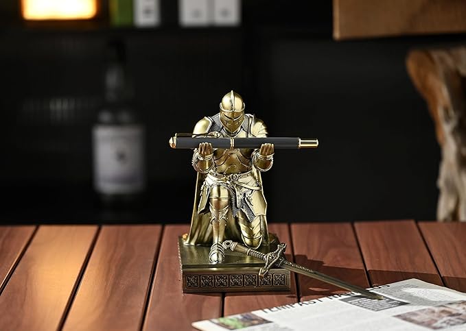 Amoysanli Medieval Armored Warrior Wearing Outerwear, Mobile Phone Stand Knight Pen Holder Desk Organizers, Resin Bookends Paperweight with a Letter Opener for Desk (Bronze)