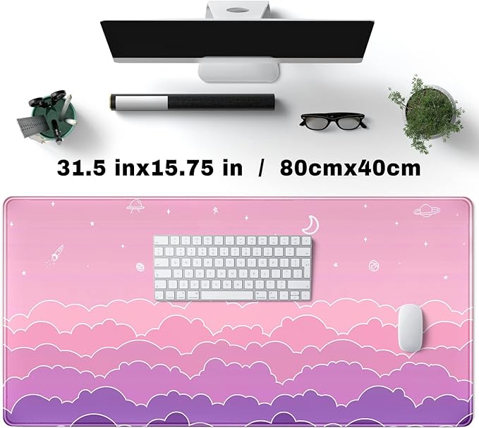 Kawaii Mouse Pad Desk Gaming Accessories Cute Clouds XXL Mouse Pad Pink Anime Office Decor Desk Mousepad Large, 31.5x15.7in Extended Keyboard Mousepad for Desk Girl with Stitched Edges Non-Slip