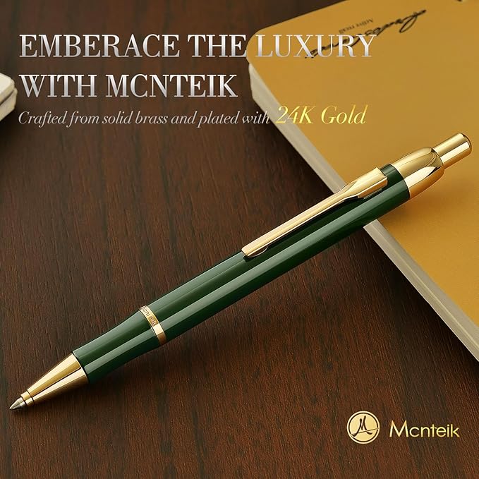 Green lacquer Gel Pen With 24K Gold Finish, Retractable, Gift Pen Set, Black Ink Refill, Professional, Elegant, Writing, Executive, Nice Fancy Designer Pens, Perfect for Men and Women