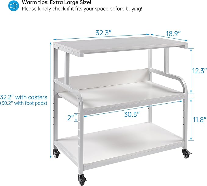 Fannova Printer Stand, 32.3" x 18.9" x 32.1" Extra Large Printer Table with Adjustable Storage Shelf, 3 Tier Rolling Printer Cart with Industrial Wheels for Home Office, White