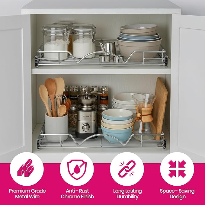 HOLDN’ STORAGE Pull Out Cabinet Organizer - Heavy Duty Steel with Smooth Slide-Out Drawers, Chrome Finish - 20" W x 17" D Basket, Fits 21.25" Cabinet Opening