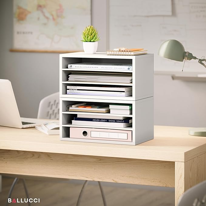 Ballucci Paper Organizer, 3-Tier Stackable Wood Desk Organizer, Document File Organizer and Mail Sorter with Adjustable Storage Shelves, White