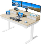 HUANUO 55 x 30 inch Electric Standing Desk with Wood Drawers, Adjustable Height Sit Stand Home Office Desk with Two Tiers, Ergonomic Adjustable Stand up Desk C-Clamp Monitor Mount Compatible, Natural