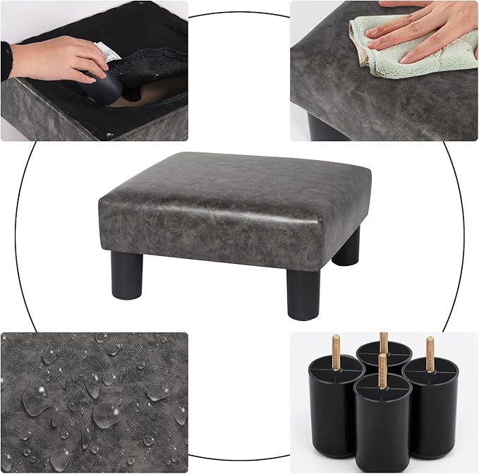Joveco Small Footstool PU Leather Ottoman Square Footrest Stool Modern Padded Seat Chair for Living Room Bedroom Couch Dogs (Gray)