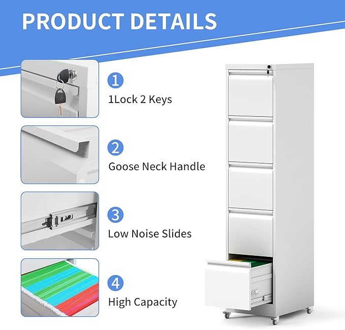 5 Drawer Mobile File Cabinet, Filing Cabinet Home Office for Letter, Legal Size, White