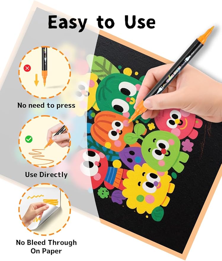 60 Colors Acrylic Paint Markers, Dual Tip Acrylic Paint Pens with Brush and Fine Tips for Kids, Adults, Wood, Canvas, Stone, Rock Painting, Glass, Ceramic Surfaces, DIY Crafts Making