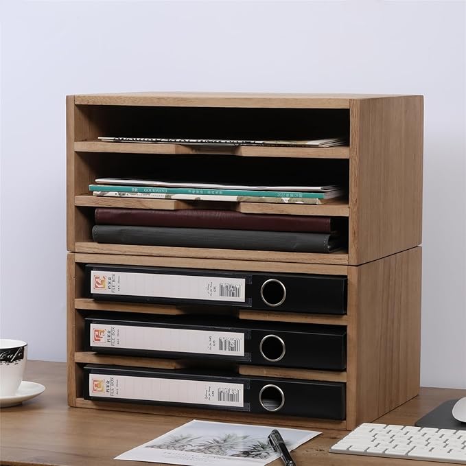 3-Tier Paper Storage Letter Tray File Sorter - Wood Desktop Document Organizer Holders with Mail Sorter, School & Home Magazine File Dividers, Book Rack Shelf Stand for HD-SJ3K (Light)