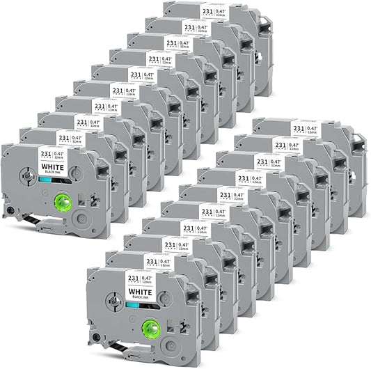 20-Pack Tze Tz Tape 12mm 0.47" Laminated White Compatible for Brother Tze-231 Label Maker Tape P Touch Label Tape 12mm 1/2" White for PT-D220 PT-D210 PT-D200 PT-2430 PT-D610BT PT-D400 PTD600
