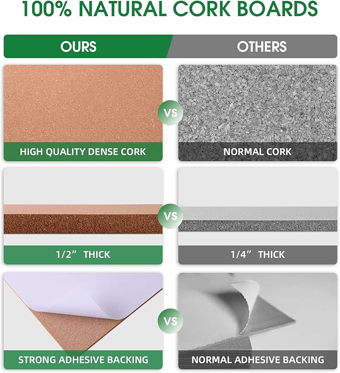 6 Pack Cork Bulletin Board 12 x 12 Inch - 1/2" Thick Cork Board Tiles,Self-Adhesive Frameless Cork Tiles Wall Decor with 50 PCS Pushpins for DIY, Office, School and Home Decor