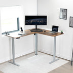 VIVO Electric Corner 63 x 55 inch L-Shaped Standing Desk, Memory Height Adjustment, Rustic Vintage Brown Top Gray Frame, DESK-E3CTGN