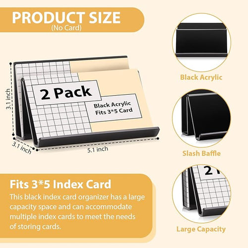 2 Pack 3x5 Index Card Display Holder Acrylic Cards Holder Stand Acrylic Business Card Holders Name Card Organizer Postcard Stand Display 200 Capacity for Studying Supplies No Card (Black, 2 Pack)