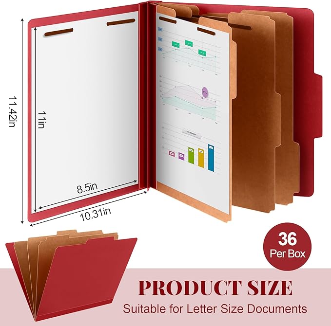 Skyygemm 36 Pcs Classification Folders Letter Size, 3 Divider Pressboard File Folder with Fasteners, Expanding File Organizer Bulk for School Teachers, Office Employee, Coworker, Staff (Red)