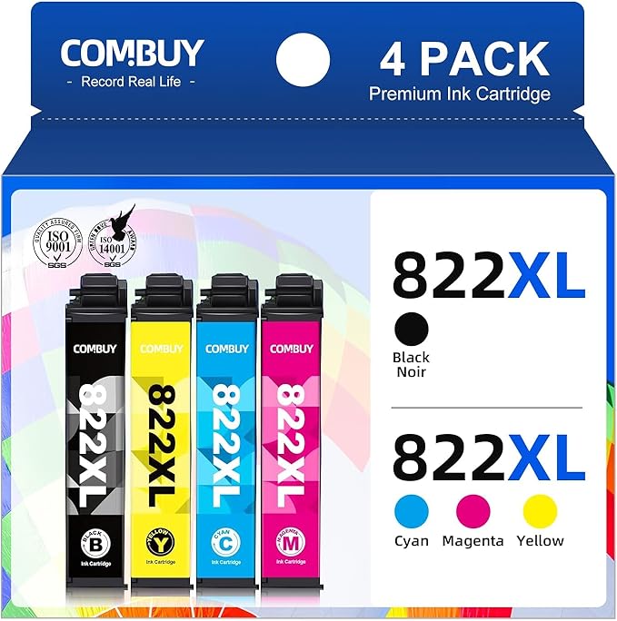 822XL Ink Cartridges Combo Pack Remanufactured Replacement for Epson 822XL Ink Cartridges 822XL Work for Epson WF-3820 WF-4820 WF-4830 WF-4833 WF-3823 WF-4834 Printer (4 Pack)