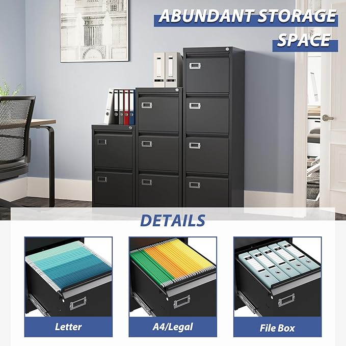 4 Drawer File Cabinet, Filing Cabinets for Home Office, Metal Vertical File Storage Cabinet with Lock, Locking File Cabinet for A4 Legal/Letter, 15" W x 17.7" D x 50.1" H, Assembly Required