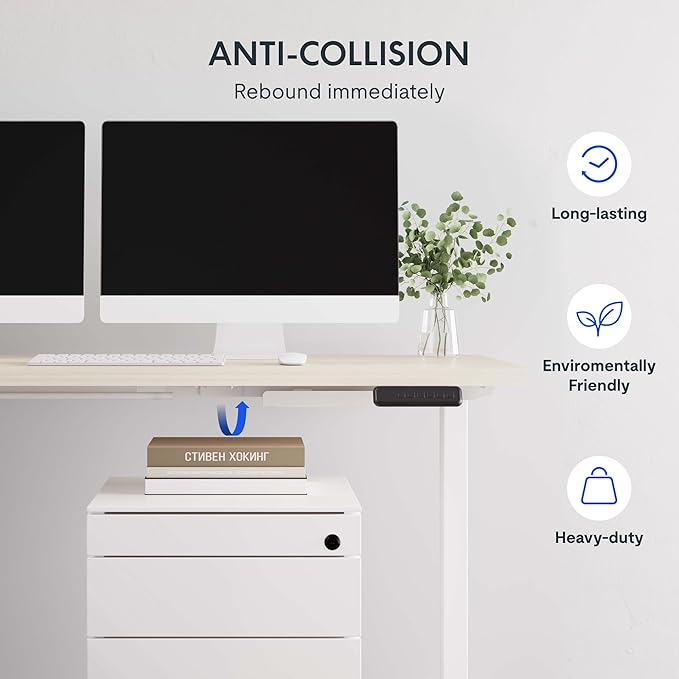 FLEXISPOT L Shaped Standing Desk, 63 x 47 Inch Electric Height Adjustable Corner Desk, Sit Stand Computer Workstation, Preset Controller, Home Office, White Frame with Maple Top, White Drawer