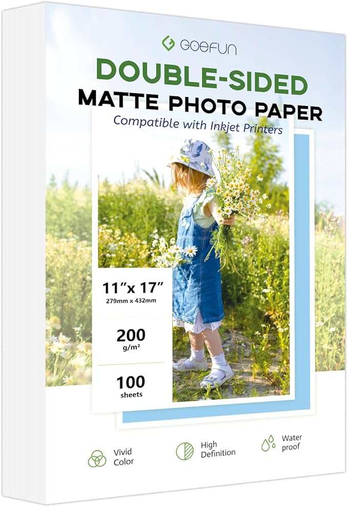 11x17 Double Sided Photo Paper Matte, Goefun 200GSM/54LB Presentation Paper for Inkjet Printer, 100 Sheets
