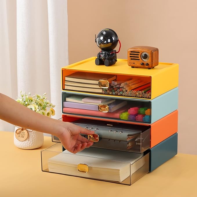 OSteed Spacious Desktop Storage Box, 1 Large Storage Drawer, Stackable Office Desk Drawer Organizer and Accessories, Printer Paper Organizer, Blue Plastic Drawers for Workspace & Home