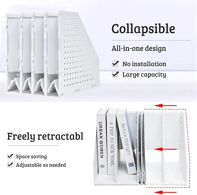 SAYEEC Collapsible Magazine Holder Plastic Desktop 4 Compartment File Desk Magazine Organizer Vertical File Divider Sorter Storage Document Organizer for Office Home School Gray