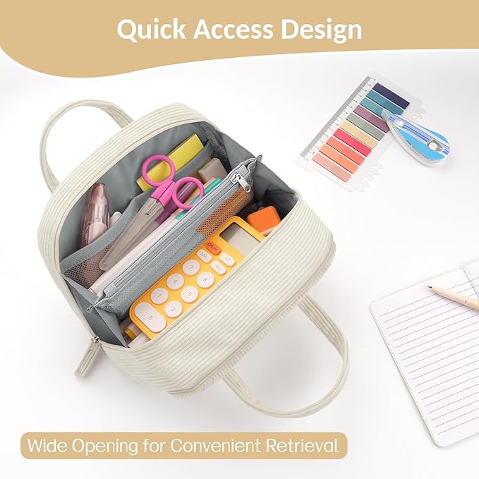 Sooez Large Pencil Case Pouch, Extra Big Pencil Bag with 5 Compartments, Pen Bag Wide Opening, Soft Waffle Pencil Pouch Organizer with Zipper, Cute Aesthetic School Supplies for Girls-Pinkish Orange