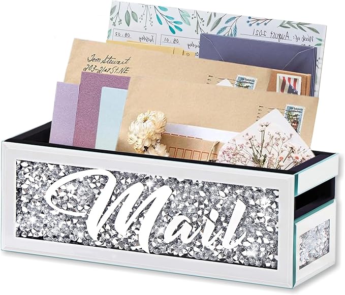 Crushed Diamond Mail Organizer, Crystal Mail Organizer Countertop, Mirror Letter Holder, Mail Tray, Mail Holder Box for Desk, Mail Holder for Wall