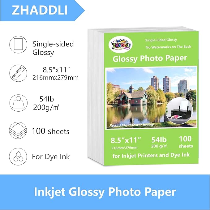 ZHADDLI Inkjet Glossy Photo Paper, 8.5X11 Inches,Pack of 100 Sheets, Compatible with Inkjet Printer Use DYE INK，Glossy Inkjet Paper 200gsm