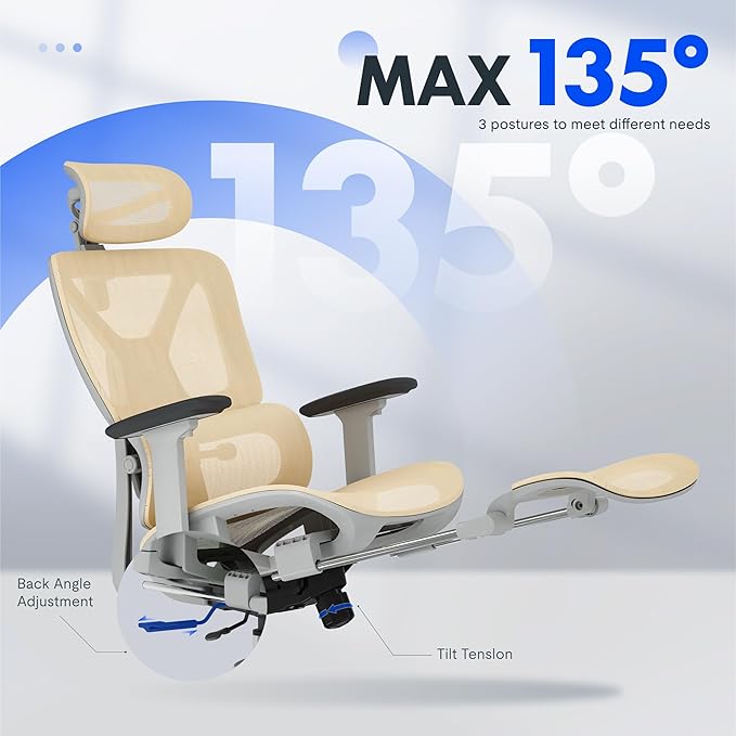 FLEXISPOT ErgoX Premium Ergonomic Office Chair with Footrest- Adjustable 3D Armrests, Dynamic Lumbar Support, Recline & Tilt Function, Mesh Seat, for Home & Office Use,Cream
