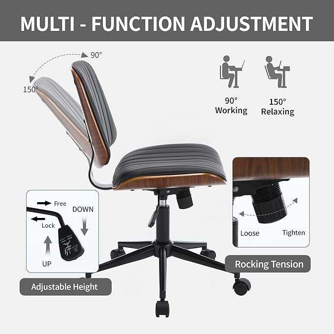 Small Home Office Chair - Armless Mid Back Desk Chair with 360° Swivel and Wheels, PU Upholstered Height Adjustable Modern Walnut Computer Chair for Home, Office Meeting Room - Black