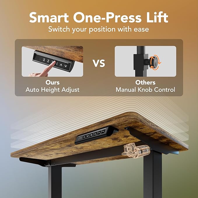HUANUO 43 x 24 inch Electric Standing Desk Adjustable Height, 4 Memory Height Settings, Sit Stand Up Desk for Home Office & Computer Workstation, Rustic Brown