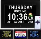 Véfaîî 2025 New, Digital Dementia Clock with Date and Time for Elderly, 10 Levels Auto Dimmer, 19 Alarms & Custom Reminders, Sun/Moon Icons, Auto DST, Large Display for Seniors- 7" with Remote