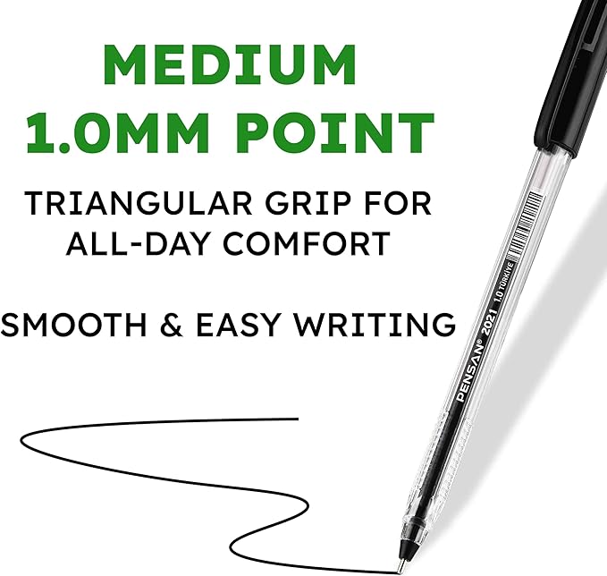 Black Ballpoint Pens,1.0 mm Medium Point, Black Pens, Ergonomic Triangle Grip, 50-Count Pack of Bulk Pens