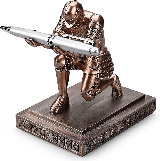 Knight Pen Holder Pen Stand Desk Organizers and Accessories Resin Pencil Holder as Gift with a Fancy Pen for Office and Home Desk Organizer (Bronze)