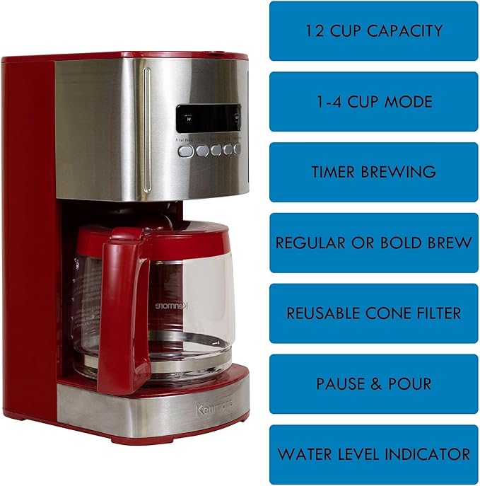 Kenmore Drip Coffee Maker - 12 Cup Programmable Cafe Machine With Glass Pot, Regular & Bold Brew, Auto Shut Off Large Water Reservoir, Reusable Filter, Kitchen Appliances For Cafeteria Barista, Red