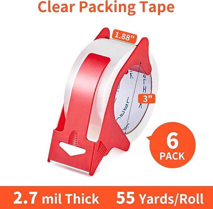 JARLINK 6 Rolls Clear Packing Tape with Dispenser, Heavy Duty Packaging Tape Refills for Shipping Packaging Mailing, 2.7mil Thick, 1.88 inches Wide, 55 Yards Per Roll, 330 Total Yards
