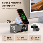 TobenONE 6-in-1 Alarm Clock Wireless Charging Station for Apple Devices, Night Light, Nightstand, MagSafe Magnetic Phone Charger, Fast Charging for iPhone 17 16 15 14 13 Pro Max, Apple Watch, AirPods