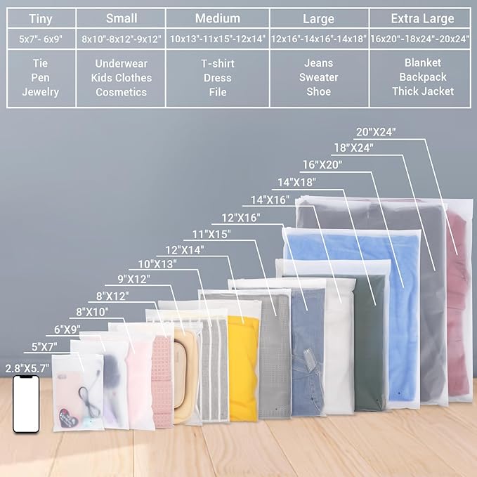 Svaldo Clothing Bags, 25 Count 20x24 Inch Jumbo Extra Large Frosted Zipper Plastic for Clothes, Poly for Shipping Packaging T Shirt, Sweater Dress, Backpack, Blanket, 3 Mil, With Vent Holes