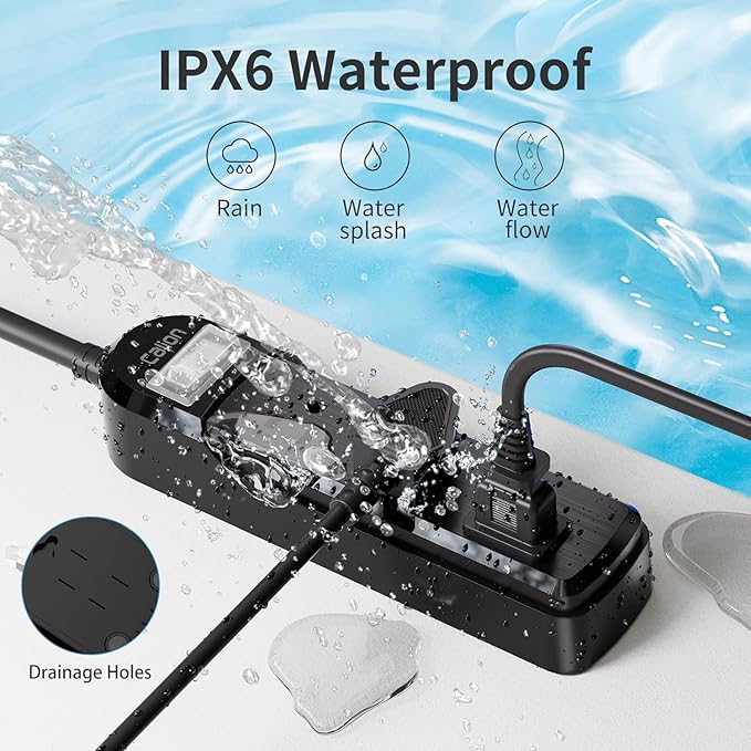 IPX6 Outdoor Power Strip Weatherproof, Waterproof Surge Protector with 3 Wide Outlet 10FT Long Extension Cord, Wall Mountable for Outside Decorations and More UL Listed(Black)