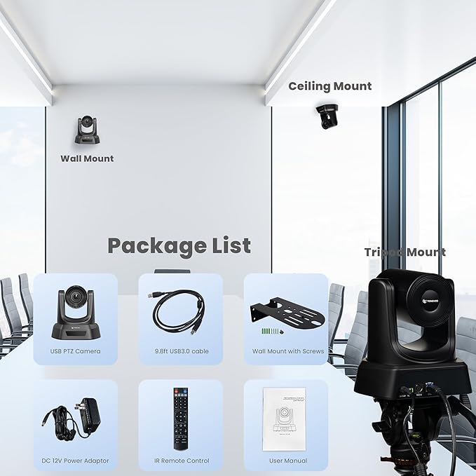 3X Optical Zoom PTZ Camera HDMI USB 3.0 1080P 60fps 114-Degree Wide-Angle for Video Conference Business Meeting Live Streaming Online Learn with Zoom YouTube Teams OBS and More