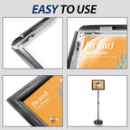 SENZHIYI Adjustable Poster Stand Holder 11x17 Inch, 360 Degree Rotation, Heavy Duty Snap Open Aluminum Pedestal Floor Standing Sign Holder Vertical and Horizontal View Sign Displayed (2PACK)